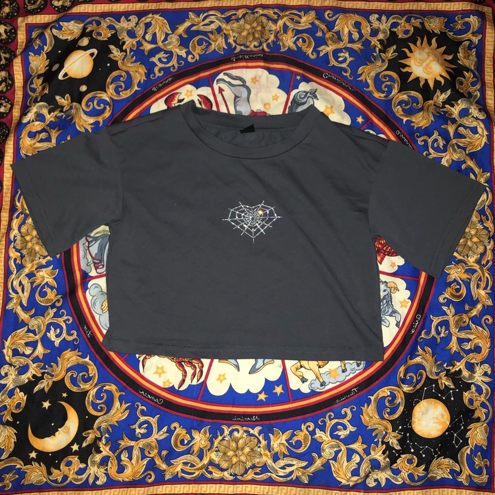 grey crop top with sparkly heart shaped spider web  🕸